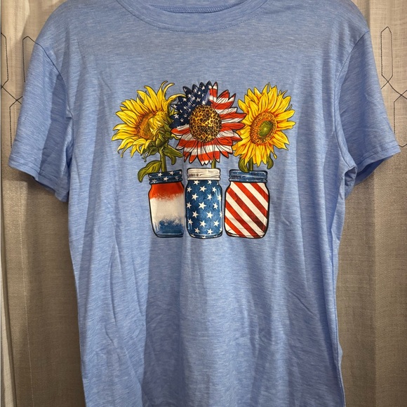 Tops - Blue T-Shirt with Sunflower & American Flag Design